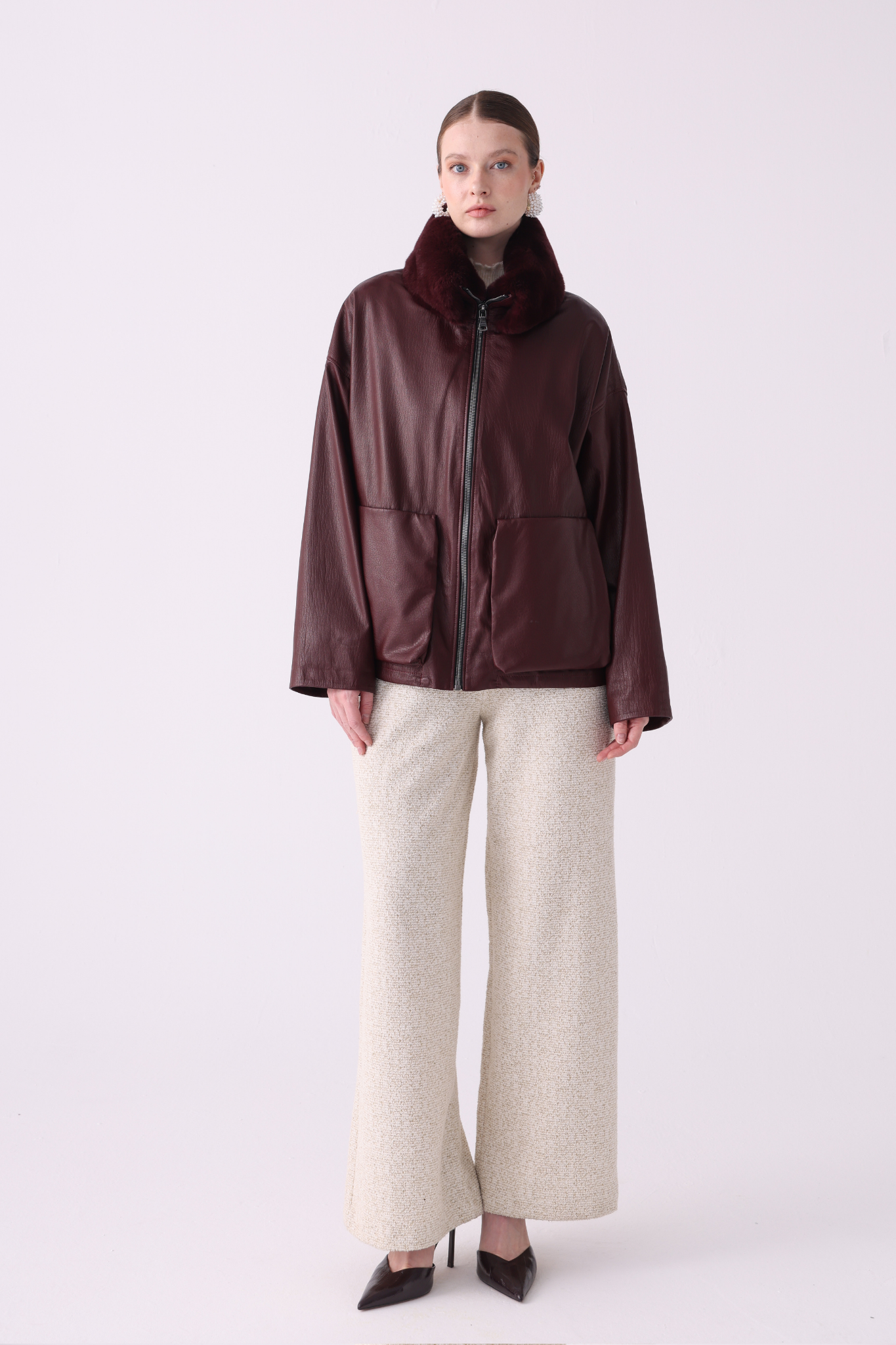 Valya <br> Burgundy oversized leather jacket