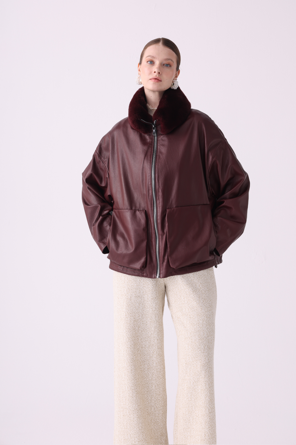 Valya <br> Burgundy oversized leather jacket