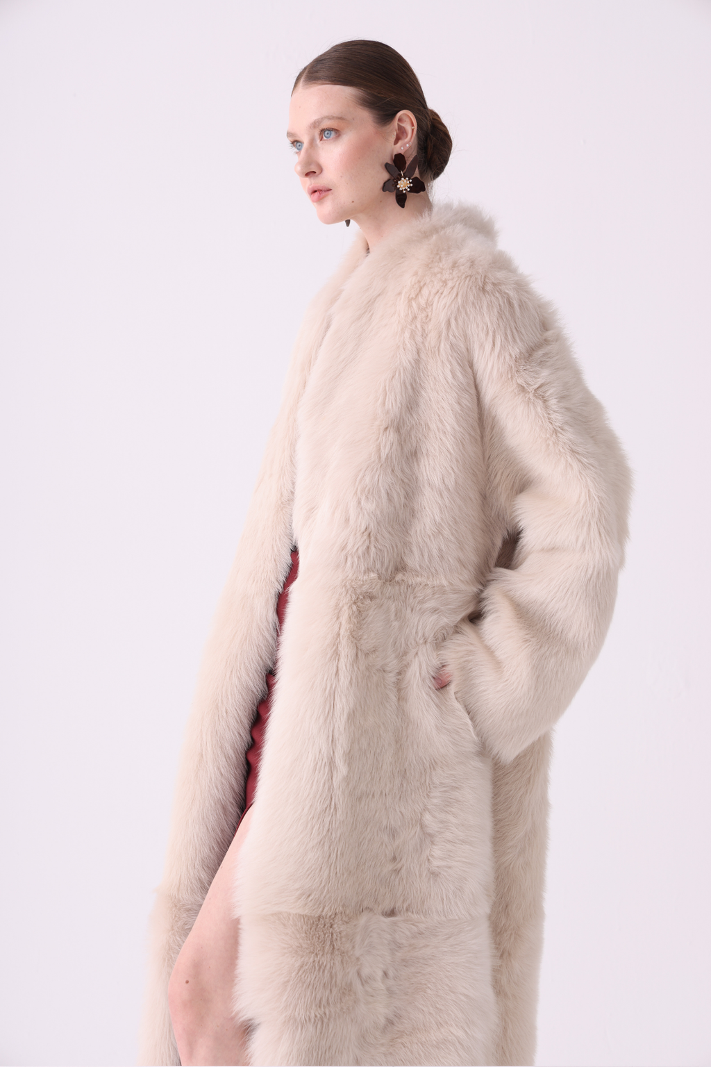 Calor <br> Reversible Shearling Long Coat - Beige