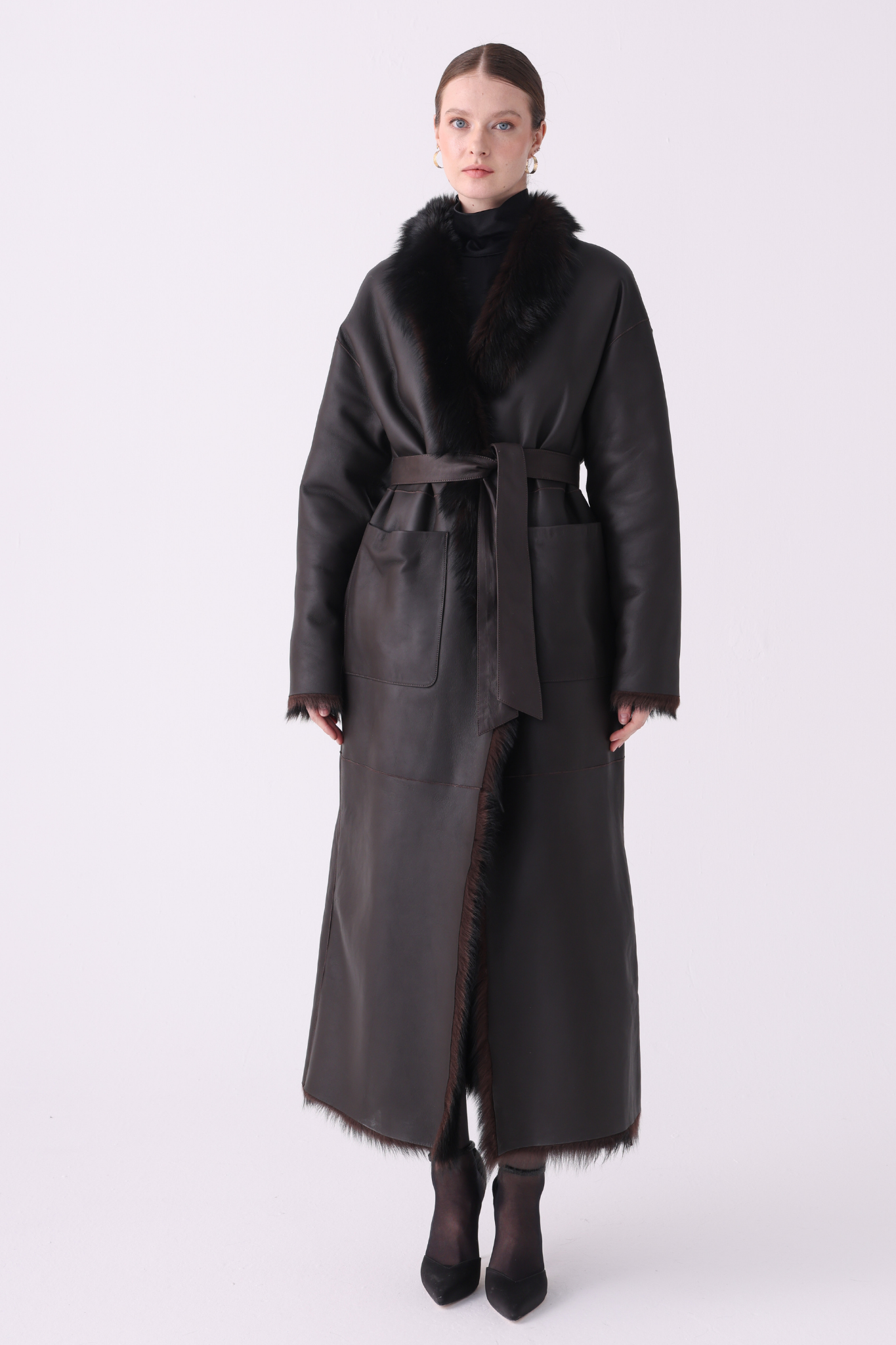Calor <br> Reversible Shearling Long Coat - Brown Tundra