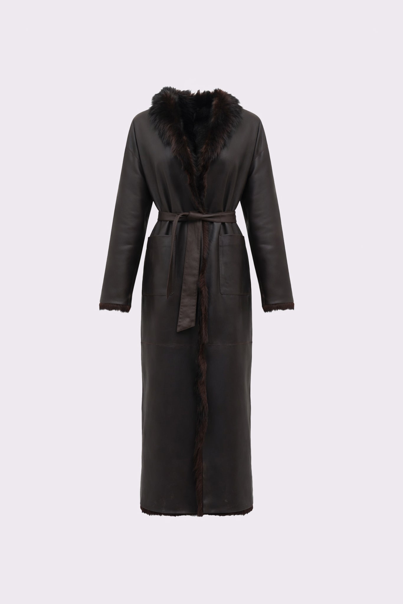 Calor <br> Brown Reversible Shearling Long Coat - Brown Tundra