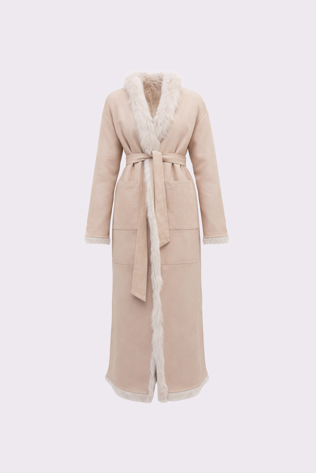 Calor <br> Beige Reversible Shearling Long Coat - Beige