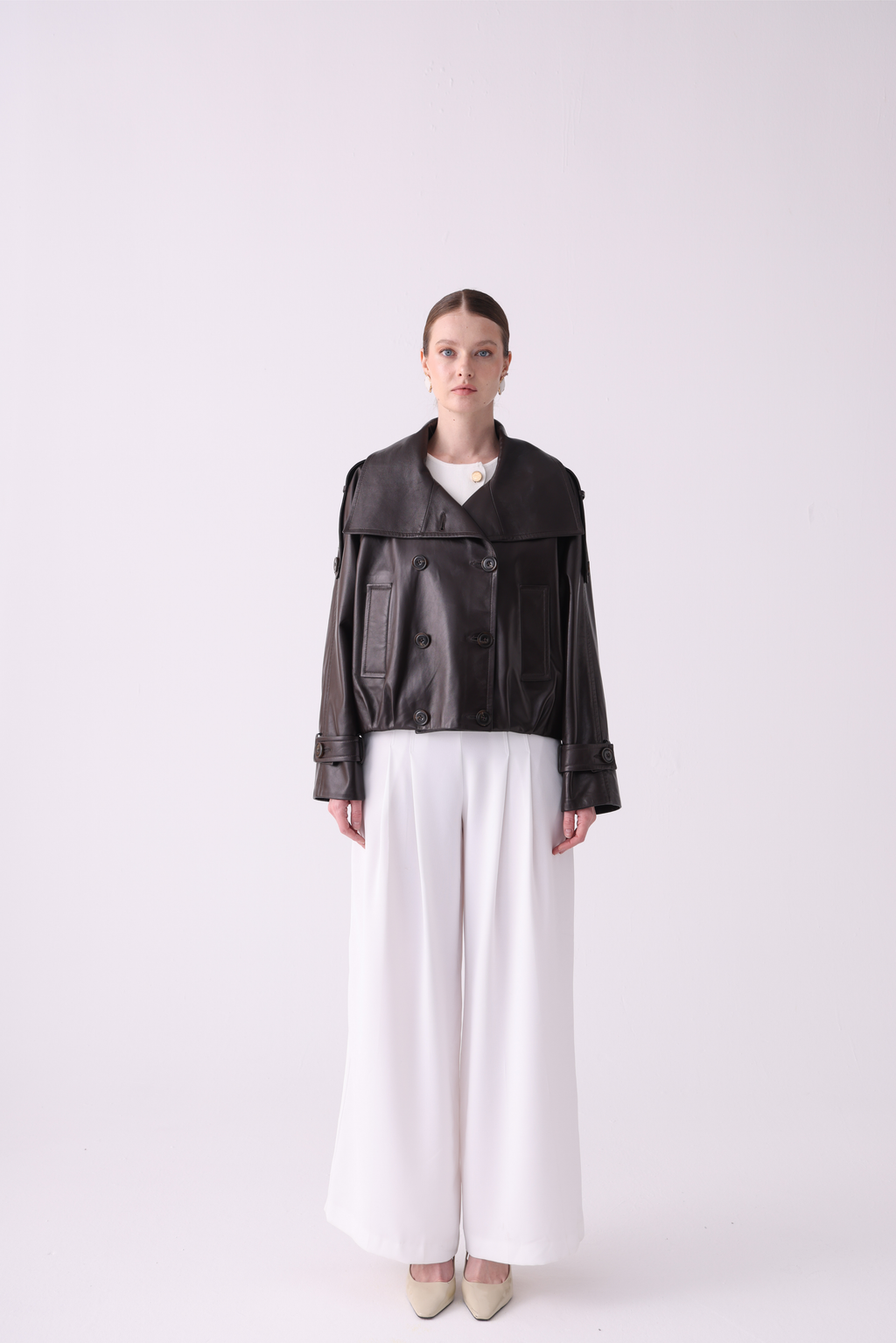 Zia <br> Oversized Wide-Collar Leather Peacoat