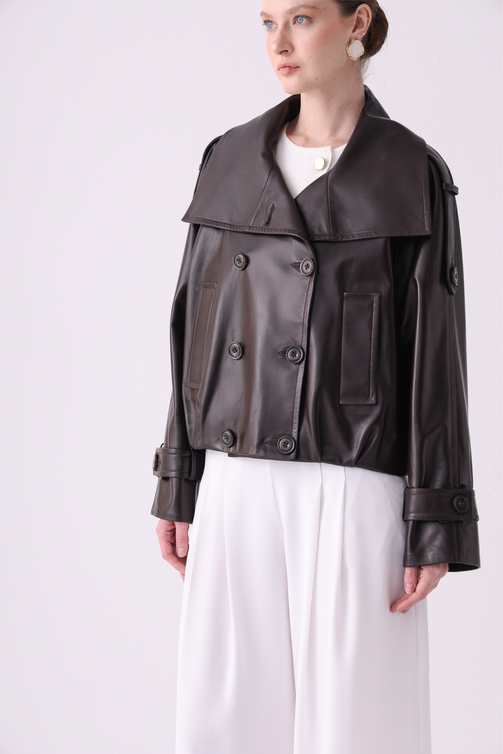 Zia <br> Oversized Wide-Collar Leather Peacoat