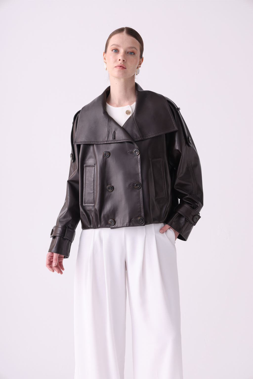 Zia <br> Oversized Wide-Collar Leather Peacoat