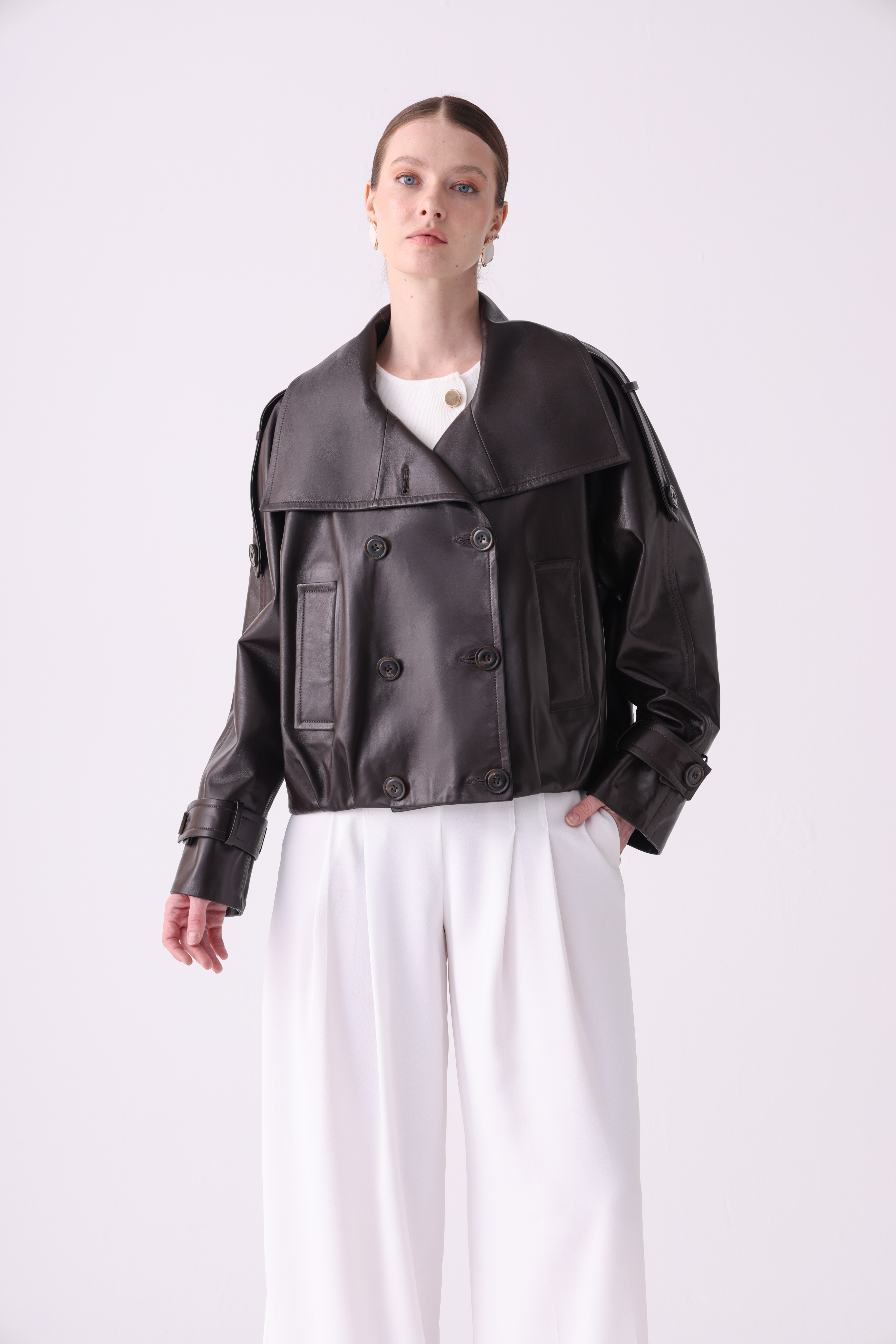 Zia <br> Oversized Wide-Collar Leather Peacoat